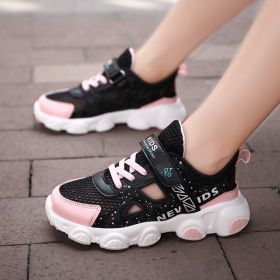 Boys Girls Mesh Casual Shoes Hollow Out Sandals Summer Middle Big Children Fashion Sneakers Breathable Light Cool Outdoor Kids (Color: Black pink, size: 32)