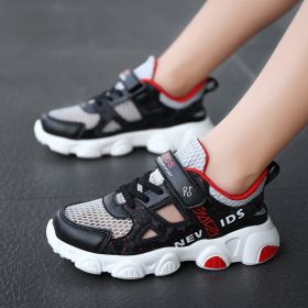 Boys Girls Mesh Casual Shoes Hollow Out Sandals Summer Middle Big Children Fashion Sneakers Breathable Light Cool Outdoor Kids (Color: Black red, size: 33)