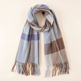 Scarf female autumn and winter Korean version fashion warm striped plaid student ins Japanese and Korean couple tassel scarf (Color: Sky Blue)