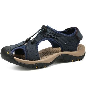 Men Summer Sandal Cow Leather Hiking Sandal Man Beach Sandal Outdoor Casual Shoe High Quality Leather Aqua Shoes Plus Size 46 (Color: Navy, size: 43)