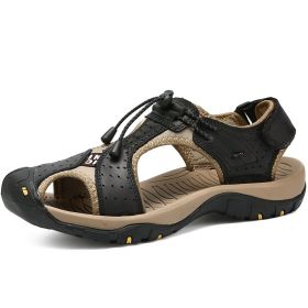 Men Summer Sandal Cow Leather Hiking Sandal Man Beach Sandal Outdoor Casual Shoe High Quality Leather Aqua Shoes Plus Size 46 (Color: Black, size: 43)