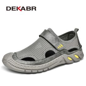 DKEABR Handmade Trending Summer Outdoor Sandals Leisure Breathable Mesh Beach Shoes High Quality Soft Sole Walking Shoes For Men (Color: 02 Gray, size: 8)