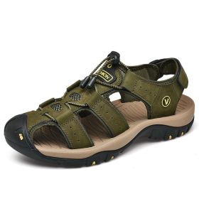 Summer Split Leather Men Sandals Big size 38-48 Non-Slip Beach Shoes Male Fashion Sandals Slippers Casual Men Roman Sandals (Color: Green, size: 11)