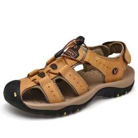 Summer Split Leather Men Sandals Big size 38-48 Non-Slip Beach Shoes Male Fashion Sandals Slippers Casual Men Roman Sandals (Color: Yellow brown, size: 9.5)