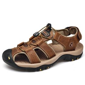 Summer Split Leather Men Sandals Big size 38-48 Non-Slip Beach Shoes Male Fashion Sandals Slippers Casual Men Roman Sandals (Color: Dark brown, size: 6.5)