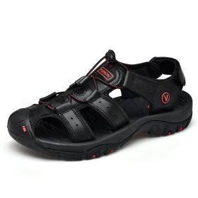 Summer Split Leather Men Sandals Big size 38-48 Non-Slip Beach Shoes Male Fashion Sandals Slippers Casual Men Roman Sandals (Color: Black, size: 6.5)