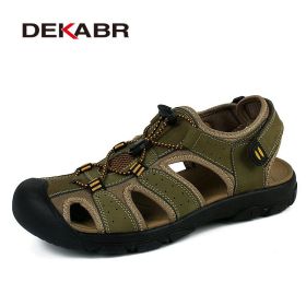 Genuine Leather Summer Shoes Men Sandals Fashion Casual Shoes Male Sandalias Beach Shoes Soft Soles Breathable Men Shoes (Color: Army Green, size: 7)