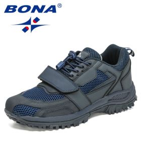 BONA 2022 New Designers Hiking Shoes Autumn Mountaineering Non-slip Footwear Men Trekking Sneakers Mansculino Walking Shoes (Color: Deep blue S gray, size: 8)