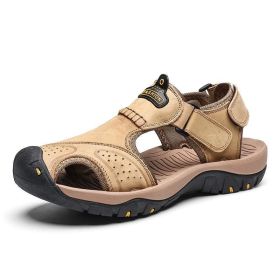 Leather Sandals Men Summer New Large Size Shoes Men Sandalias Outdoor Men's Beach Shoes Fashion Sandals Slippers Big Size 38-47 (Color: 7238 Khaki, size: 45)