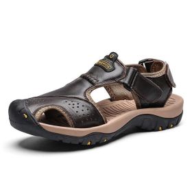 Leather Sandals Men Summer New Large Size Shoes Men Sandalias Outdoor Men's Beach Shoes Fashion Sandals Slippers Big Size 38-47 (Color: 7238 dark brown, size: 46)