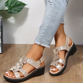 Summer New Women Sandals Fashion Ladies Solid Color Peep Toe Hook Loop Wedge Flower Shoes Outdoor Casual Comfy Female Footwear (Color: Gold, size: 39)