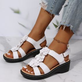 Summer New Women Sandals Fashion Ladies Solid Color Peep Toe Hook Loop Wedge Flower Shoes Outdoor Casual Comfy Female Footwear (Color: White, size: 41)