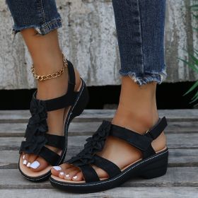 Summer New Women Sandals Fashion Ladies Solid Color Peep Toe Hook Loop Wedge Flower Shoes Outdoor Casual Comfy Female Footwear (Color: Black, size: 39)