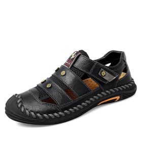 Summer Mens Sandals Genuine Leather Mesh Beach Shoes Outdoor Breathable Handmade Sandals Slipper Rubber Non-slip Big Size 38-48 (Color: Black, size: 40)