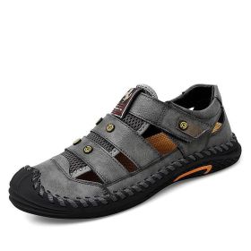 Summer Mens Sandals Genuine Leather Mesh Beach Shoes Outdoor Breathable Handmade Sandals Slipper Rubber Non-slip Big Size 38-48 (Color: Gray, size: 38)