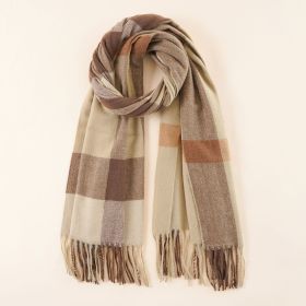 Scarf female autumn and winter Korean version fashion warm striped plaid student ins Japanese and Korean couple tassel scarf (Color: Khaki)